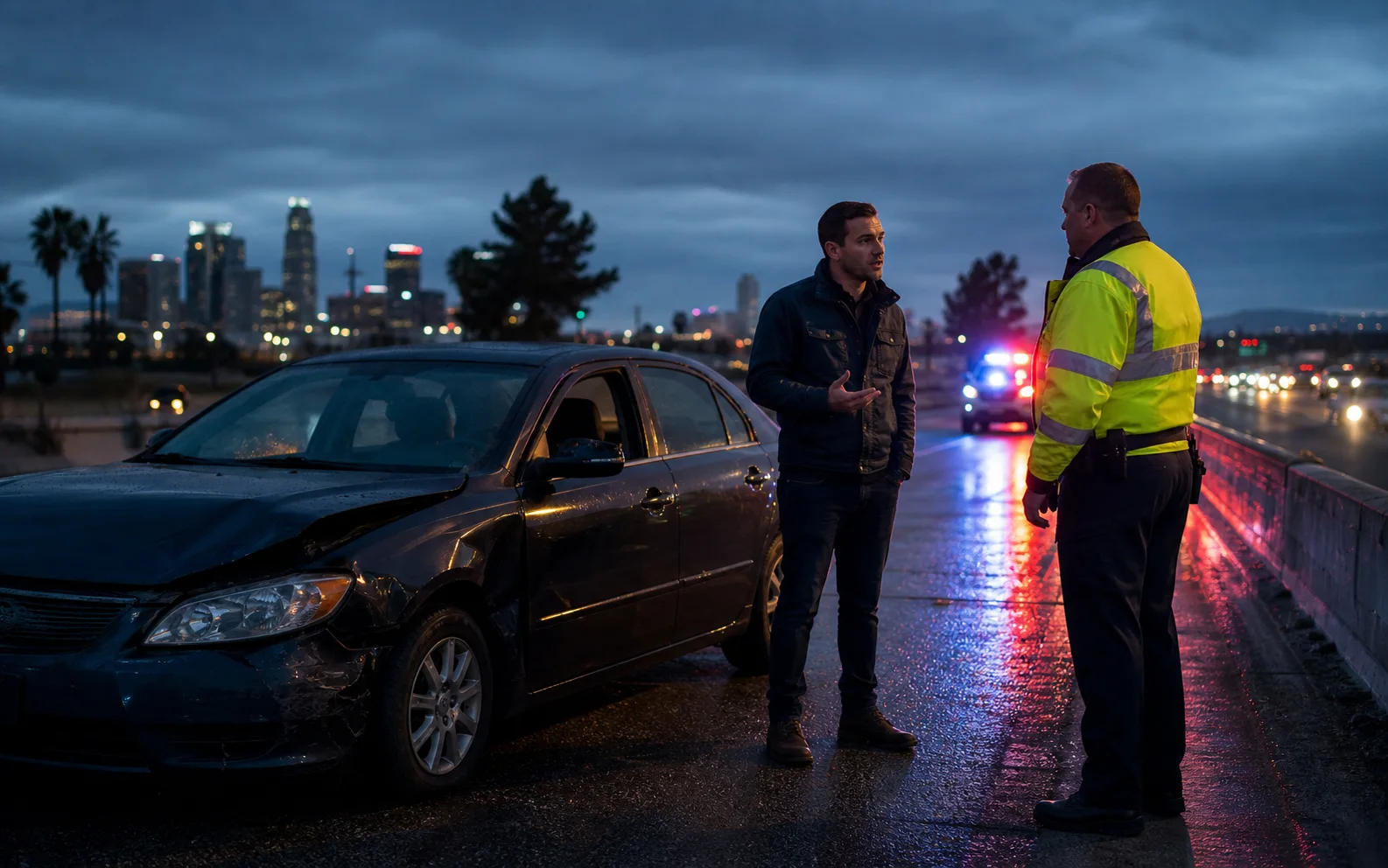 Illustrative scene of a driver and first responder after a collision