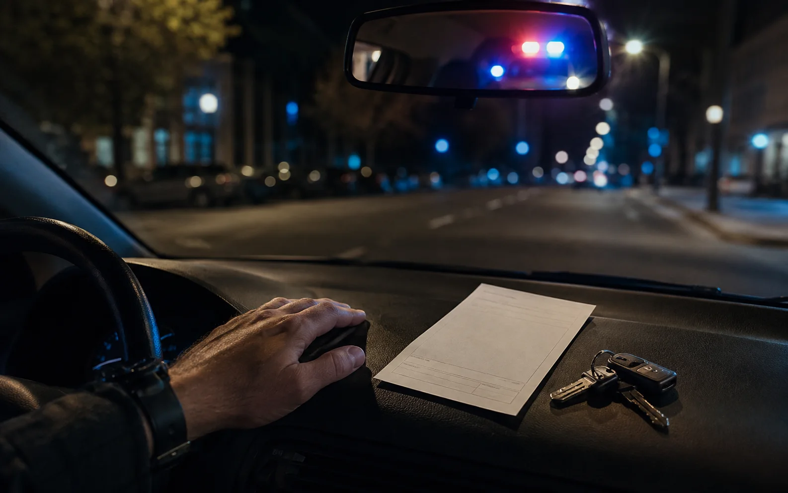 Illustrative traffic ticket on a dashboard after a nighttime stop